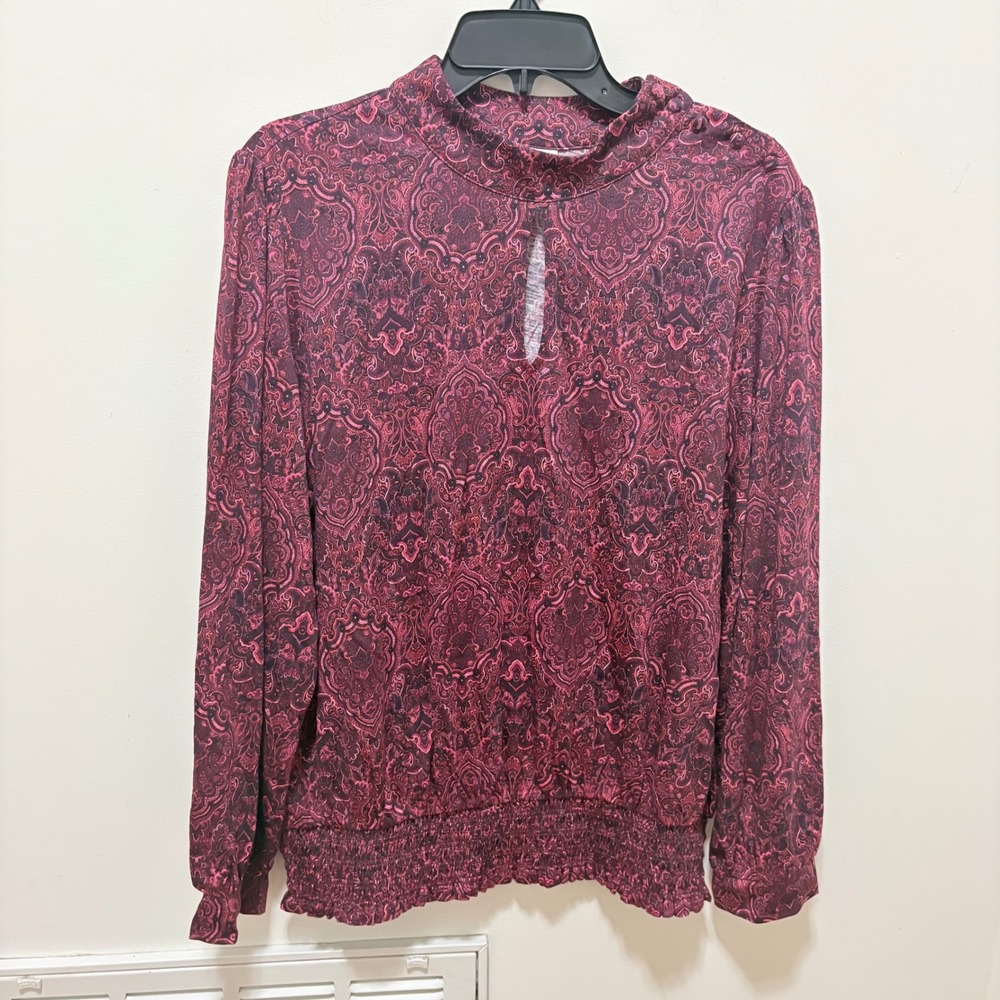 J. Jill Paisley Keyhole Blouse Women Maroon Size XL Smocked Hem Cotton Modal